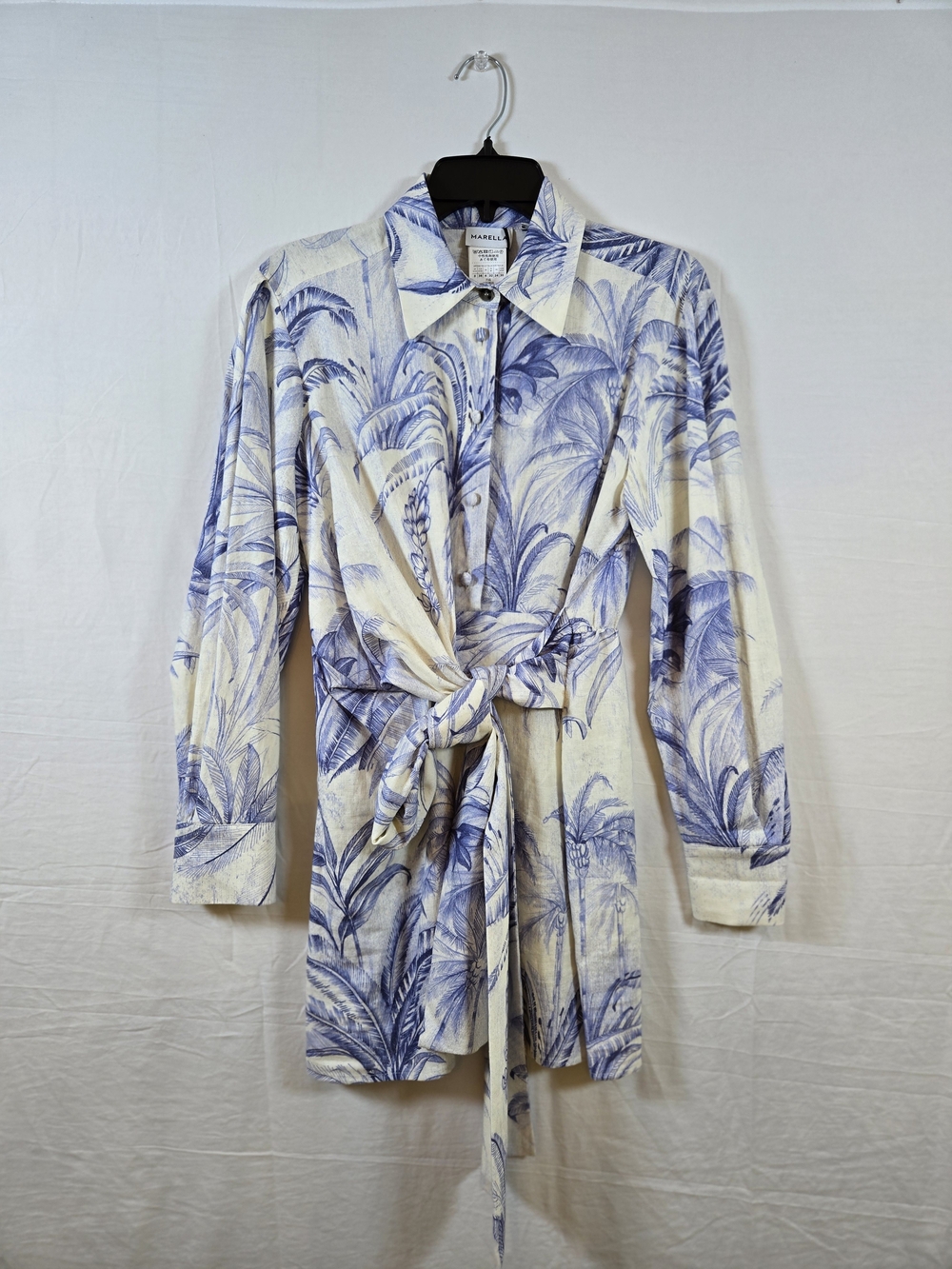 Marella Blue Palm Print Tie-Front Shirt Dress